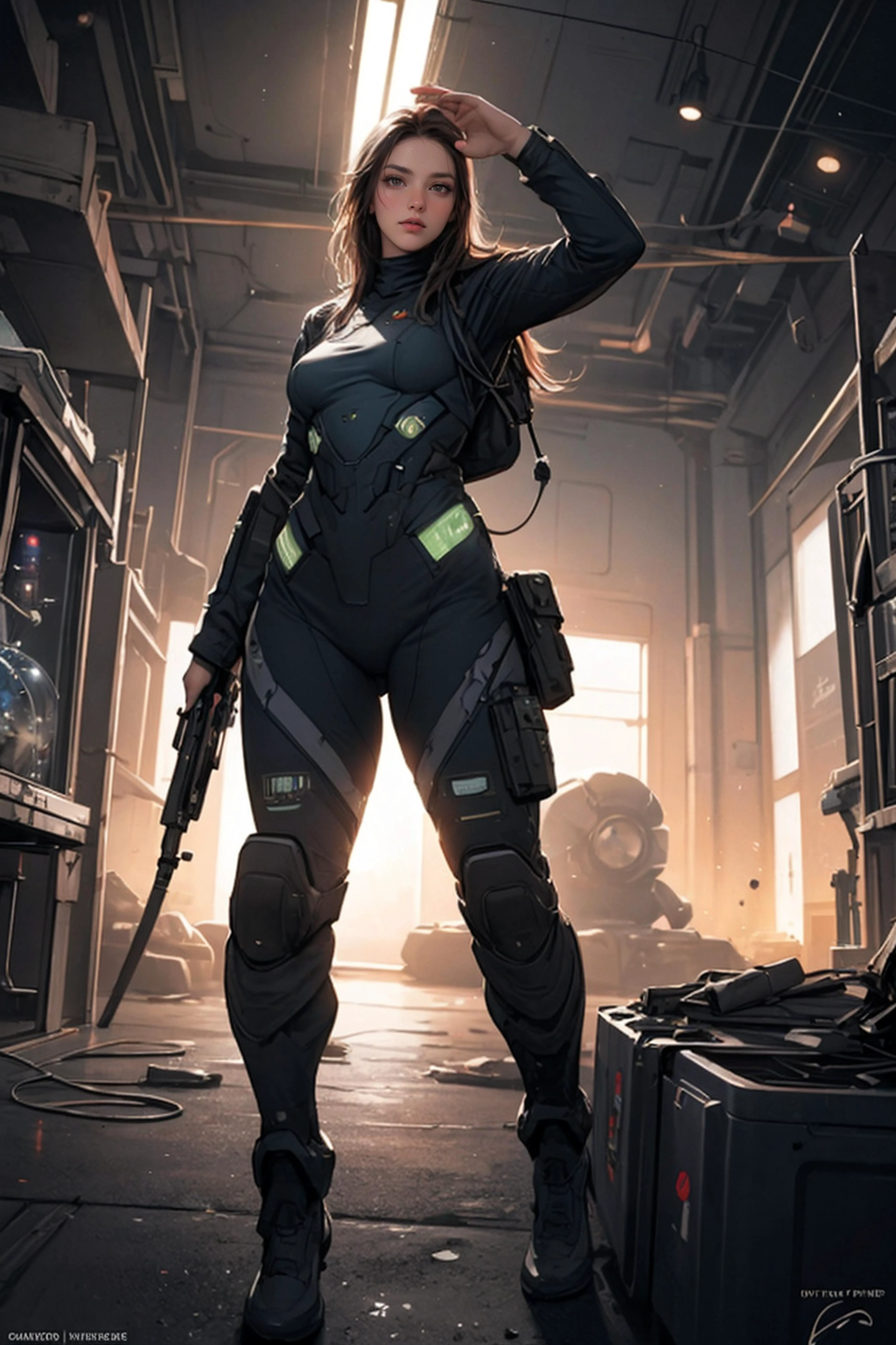 (best quality, realistic, detailed), a woman, female soldier, dynamic pose, (science fiction:1.4), volumetric lighting, caustics