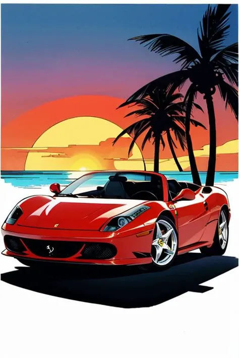 Miami, sunset, Ferrari, palm tree, 90's, (flat colors, flat texture, lineart:1.2), graphical design, (heavy ink, ink blacks),