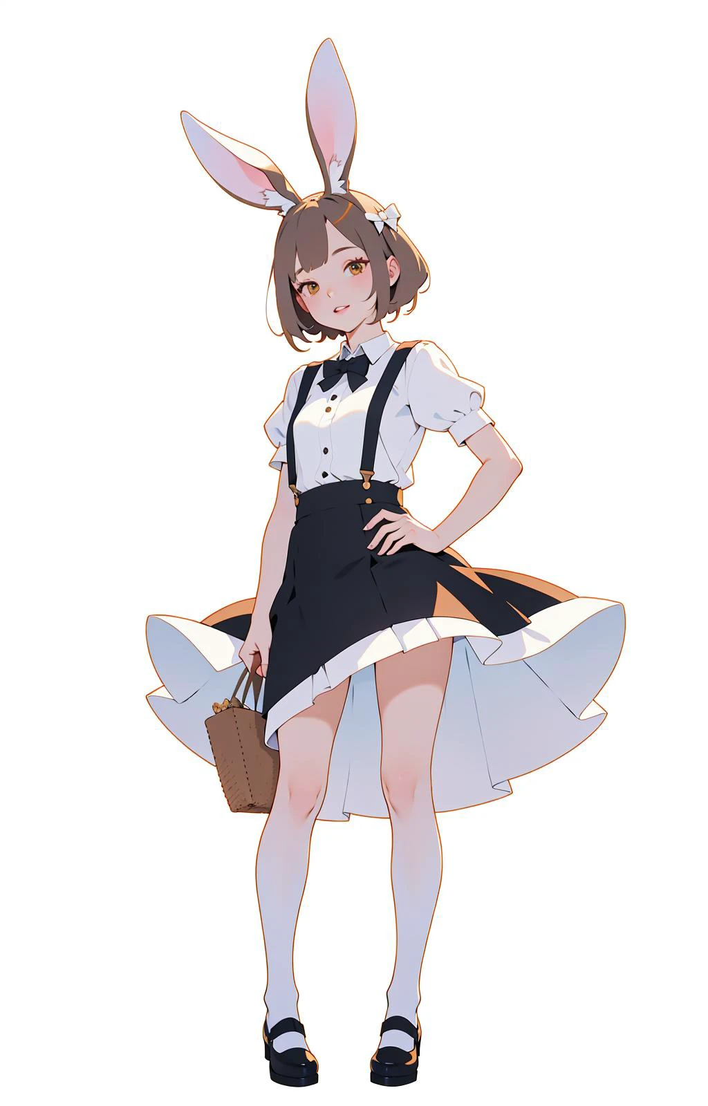 masterpiece, unity 8k wallpaper, raw photo, 1 girl, (rabbit ears), Suspender dress, (short skirt), shoes, summer style, (white background:1.2), best quality, hyperdetailed, <lora:ST_more_details:-0.75>