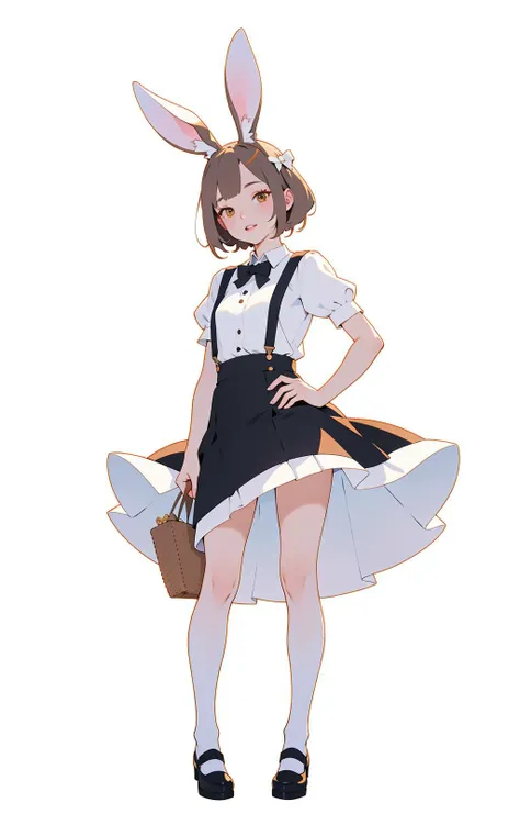 masterpiece, unity 8k wallpaper, raw photo, 1 ***********,  (rabbit ears),  Suspender dress,  (short skirt), shoes, summer style, (white background:1.2), best quality, hyperdetailed,  <lora:ST_more_details:-0.75>