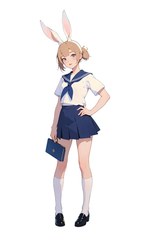 masterpiece, unity 8k wallpaper, raw photo, 1 , (rabbit ears), Sailor's uniform, Miniskirt , shoes, summer style, (white background:1.2), best quality, hyperdetailed, <lora:ST_more_details:-0.75>