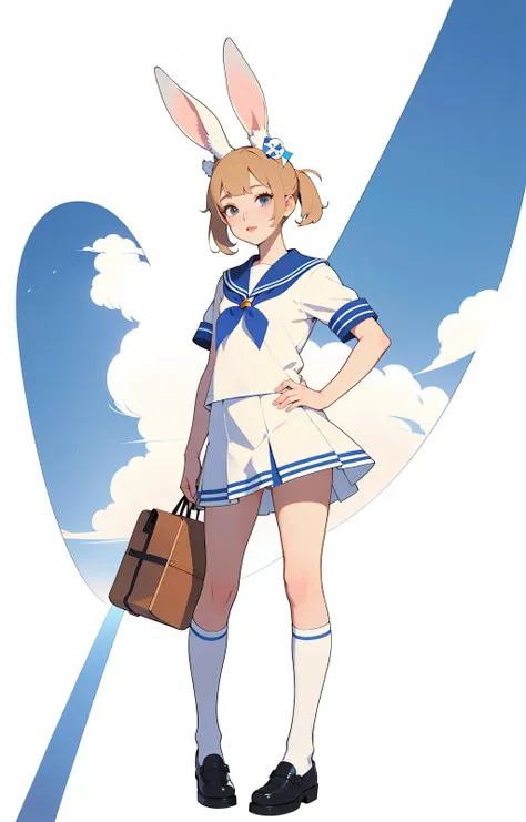 masterpiece, unity 8k wallpaper, raw photo, 1 ***********,  (rabbit ears),  Sailor's uniform, Miniskirt , shoes, summer style, (white background:1.2), best quality, hyperdetailed,  <lora:ST_more_details:-0.75>