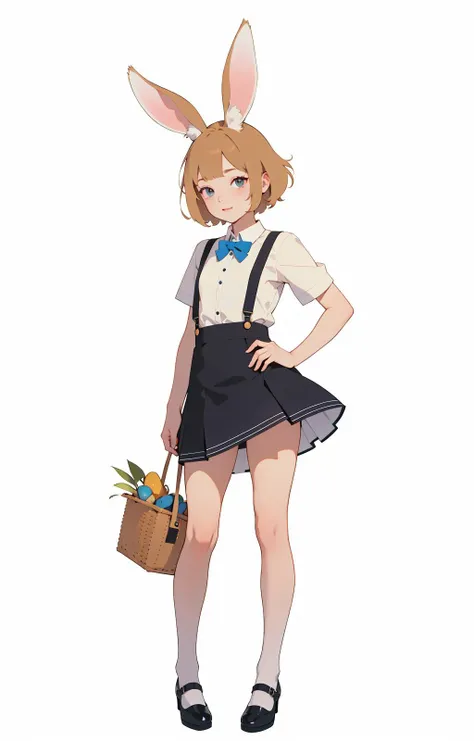 masterpiece, unity 8k wallpaper, raw photo, 1 , (rabbit ears), Suspender dress, (short skirt), shoes, summer style, (white background:1.2), best quality, hyperdetailed, <lora:ST_more_details:-0.75>
