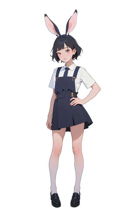 masterpiece, unity 8k wallpaper, raw photo, 1 , (rabbit ears), (Suspender dress, short skirt), shoes, summer style, (white background:1.2), best quality, hyperdetailed, <lora:ST_more_details:-0.75>