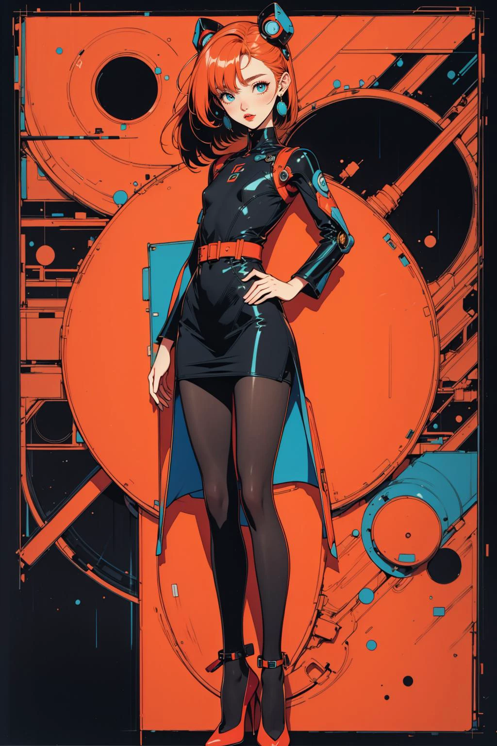 fashion robot girl, long legs, high heels, 90's, (flat colors, flat texture, lineart:1.2), graphical design, disco, pantyhose, (heavy ink, ink blacks), <lora:AstrAnime_RETRO:1>