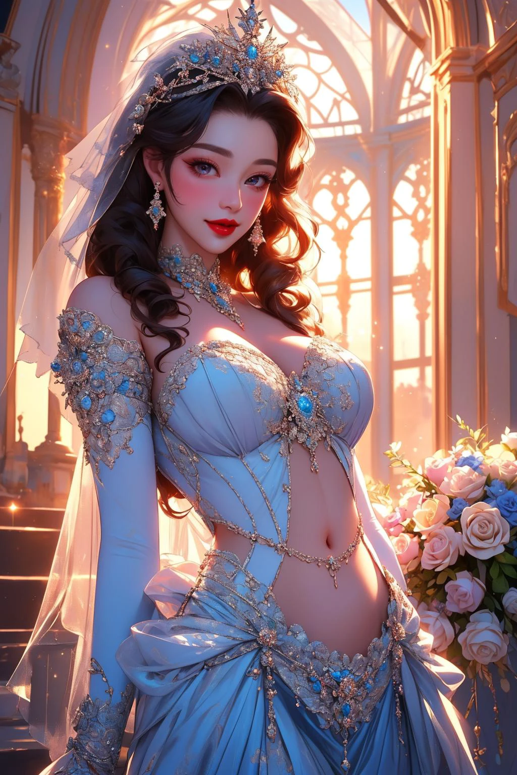 (masterpiece:1.5), (((top quality, best quality, high quality))), ((intricately detailed, ultra-detailed, insanely detailed)), highres, 32K, extremely detailed unity CG 8K wallpaper, (beautiful and aesthetic:1.2),, (depth of field:1.3), (immaculate:1.3), (delicate detailed depiction:1.4), (photorealistic:1.4), (surrealism:1.3),
(((brilliant full lighting, luscious vibrant colors))),  (ambient volumetric backlighting:1.5), (illustration of an immensely beautiful woman:1.3),
(upper body:1.2), ((half length portrait:1.3)), (perfectly centered:1.4), (elegant beauty:1.5), (((artistic pose))), (((cinematic angle))),
(1girl:1.5), (solo:1.4), (bride:1.4), (wavy hair:1.4),
beautiful gorgeous face, [(detailed face:1.2):0.2], bright eyes, pureerosface_v1, ulzzang-6500-v1.1,  (closed mouth:1.5), (red lips:1.4), (full lips:1.4), (smile:1.4),
attractive flawless body, (((pronounced feminine curves))), bright glistening skin, realistic skin, skin pores, (voluptuous:1.5), (((soft belly, navel, groin:1.3))), narrow waist, 
 (big puffy wedding dress:1.5), (layered dress:1.5), (((bridal veil, bridal gauntlets, bridal stockings, bridal garters))), (sparkling exquisite transparent:1.3), (explicit off-shoulder costume:1.5), (ornate glittering micro shrug:1.5),  (((bows, frills, lace))), (fringed tassels:1.3), (long detached sleeves:1.4), (((pearls collar))), (fabrication glitters:1.5), (luxury intricate clothing jewelries:1.5), (jeweled embroideries:1.4), (clothing sparkles:1.4), (sparkling particles:1.3), (((sagging front seam, sagging hind seam))), (((earrings, armlets, sapphire tiara))),  <lora:venus_bikini_v0.1:0.75>, 
(walking:1.5), (velvet aisle:1.5), (rows of wedding bouquets:1.5), (dome made from white rose arches:1.5), (surreal delicate background), (intricate complex scene), (mesmerizing atmosphere), (breathtaking scenery), <lora:detail_slider_v4:1.8>, <lora:PerfectFullBreasts-fCV3.5:1>,  <lora:wrenchsfantasy:0.75>,