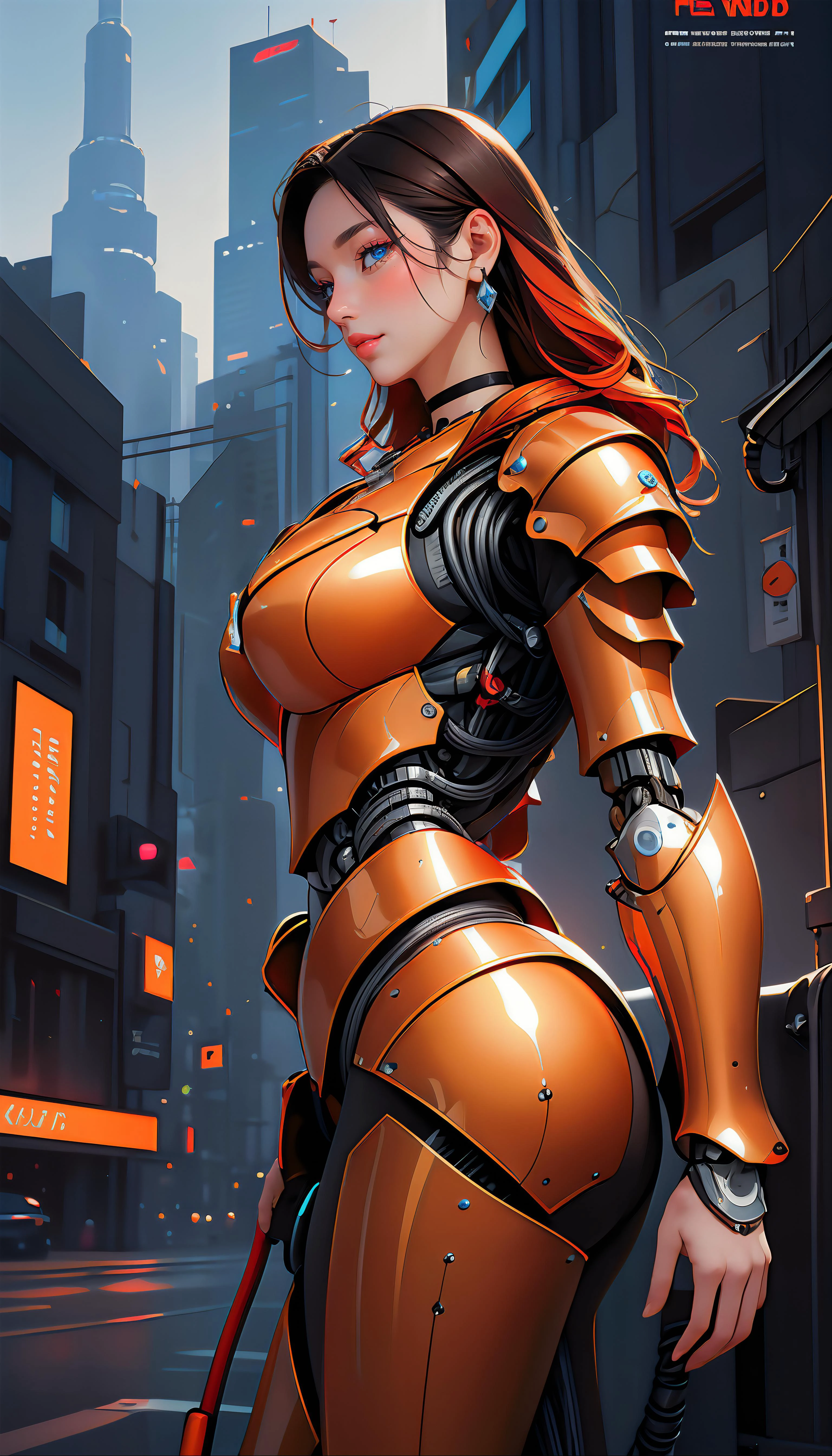 runWildcards_V10/Backgrounds-futuristic ADDCOMM
(masterpiece, realistic:1.3), (extremely intricate:1.2), (photorealistic:1.4), (extremely delicate), (ultra realistic:1.3), hyperrealistic photography, extremely detailed, edge quality, 8k resolution, UHD, HDR, RAW photo, dslr, realistic LUT, cinematic LUT, (best quality:1.3), absurdres, <lora:magof_addMoreDetailsExtra_v20:0.5>, <lora:jujoHotaru_hyperrefiner_v090:1>, <lora:envy_betterhands_beta2:1.2>, ADDBASE,
extremely detailed magazine cover-style digital painting, (magazine cover-style:1.3), adding a touch of fantasy to the scene, the text on the cover should be bold and attention-grabbing, with the title of the magazine and a catchy headline, the overall style should be modern and trendy, with a focus on fashion and fantasy, helvetica-bold ADDROW
(pale skin, detailed skin:1.3, glossy skin + shiny skin:1.1, bright front face lighting), exquisite stud earrings, necklace, lace choker, gigantic breasts, perfect hands, perfect fingers, skinny body, fit body, slim, narrow waist, narrow hip, slim legs, long legs, dynamic pose, from below, low angle view, <lora:shraffekyu_collectionOfOCsPart2_nanaseCapua:0.7>, MNarutoxAura, long hair, red hair, bare shoulders, (orange armor:1.4), robot joints, science fiction, (machine made joints:1.2), ((machanical limbs, mechanical cervial attaching to neck)), (vessels connected to tubes, mechanical vertebra attaching to back, character focus), expressionless, (wires and cables attaching to neck:1.2), (wires and cables on head:1.2),