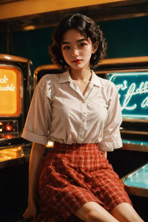 <lora:Yan:0.65>, 1girl dressed in a 1950s-inspired dress, complete with a full skirt and petticoat, her hair styled in classic pin curls. She should be seated at an old-fashioned diner, surrounded by vintage details like a jukebox, chrome accents, and neon signs. Her eyes should be sparkling with excitement, her skin flawless and glowing under the soft, dramatic lighting. This scene should be captured on 35mm film, with a beautiful depth of field and a slightly blurry, nostalgic background