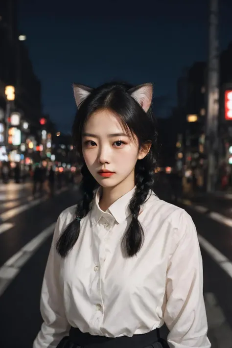 <lora:Yan2:0.7>, best quality, masterpiece, (realistic:1.2), 1 girl, black hair, blue eyes,Front, detailed face, beautiful eyes, b cup, (upper body:1.2), medium sized breasts, 4k, woman is looking directly into camera, (asian woman walking in the streets of tokyo at night:1.2), girl having braids, (schoolgirl wearing a black miniskirt:1.2), photo was taken with a 85mm lens, blurry backround, f 1.2,, (fluffy cat ears)