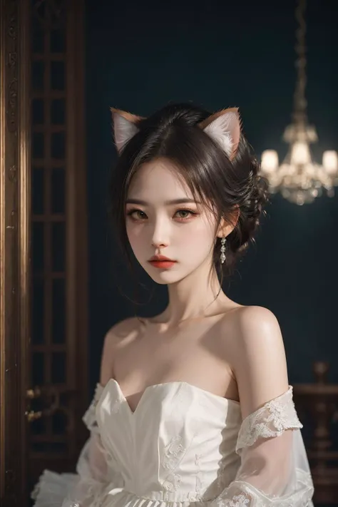 <lora:Yan2:0.7>, 1girl in a modern, elegant ball gown, styled with a sleek updo and minimalist jewelry. She should have a confident, regal expression. The background is a luxurious modern palace, with clean lines, high ceilings, and extravagant chandeliers. The photo should be shot in high definition, with a sharp focus on the subject and a soft, blurred background for a captivating portrait, (fluffy cat ears)