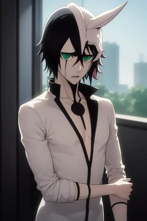 masterpiece, best quality, high quality, 1boy, solo, male focus, looking at viewer, upper body, <lora:ulquiorra_cifer:0.85>, ulquiorra_cifer