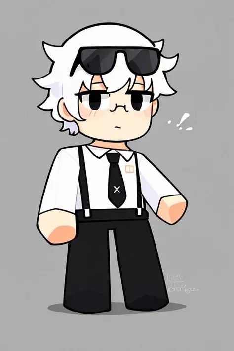best quality, masterpiece, 1boy, solo, white hair, messy hair, black eyes, necklace, suspender skirt, black necktie, white shirt, black pants, round eyewear, standing, full body, <lora:ROBLOXBlockyStyle:0.8>, white background, chibi