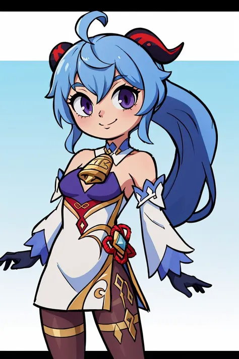<lora:Style_of_the_Winds:0.8>, , ((masterpiece,best quality)), absurdres, <lora:ganyu_v1:0.7>, aaganyu, long hair, low ponytail, ahoge, horns, bare shoulders, neck bell, bodystocking, white dress, gold trim, flower knot, detached sleeves, black gloves, pelvic curtain, thighlet, pantyhose, cowboy shot, smile,