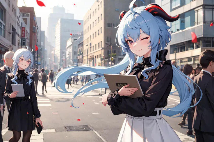 <lora:ganyu_v1:0.7> aaganyu, long hair, low ponytail, ahoge, horns, turtleneck, black bow, frills, black shirt, long sleeves, shirt tucked in, high-waist skirt, white skirt, pantyhose, smile, hugging clipboard, crowd, squinting, street, bank, floating, petals, masterpiece, best quality, highres, <lora:GoodHands-vanilla:1> nice hands, perfect hands