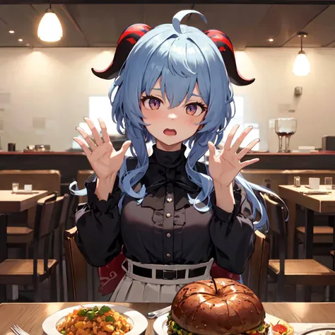 <lora:ganyu_v1:0.7> aaganyu, long hair, low ponytail, ahoge, horns, turtleneck, black bow, frills, black shirt, long sleeves, shirt tucked in, high-waist skirt, white skirt, restaurant, large wooden table, (too many food:1.3), embarrassed, open mouth, waving, sitting, pov, crowd, masterpiece, best quality, highres, <lora:GoodHands-vanilla:1> nice hands, perfect hands