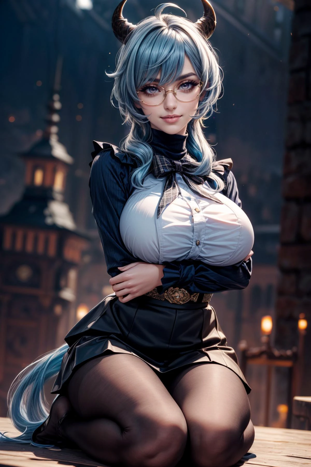 (ultra realistic,32k, masterpiece:1.2),(high detailed skin:1.1),( high quality:1.1),
<lora:ganyu_v1:0.7>(evil grin, v-shaped eyebrows:1.1),(eyeliner,long lashes, mascara:1.15),aaganyu, long hair, low ponytail,light blue hair, ahoge, horns, red-framed eyewear, turtleneck, black bow, frills, black shirt, long sleeves, shirt tucked in, high-waist skirt, white skirt, pantyhose, celestial citadel, radiant spires, divine essence, seat of celestial beings (blurry background:1.2),fighting pose, (huge breast,large breast:1.2),<lora:add_detail:0.82>,full body,
(lighting:1.1),
