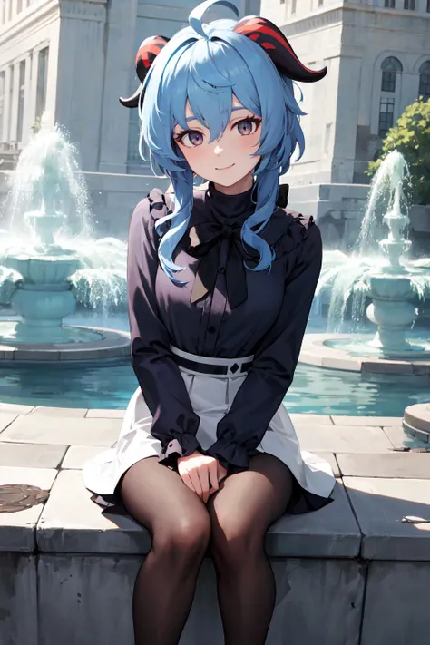 <lora:ganyu_v1:0.7> aaganyu, long hair, low ponytail, ahoge, horns, turtleneck, black bow, frills, black shirt, long sleeves, shirt tucked in, high-waist skirt, white skirt, pantyhose, crowd, street, (fountain:1.1), light smile, leaning forward, sitting, marble \(stone\), Head tilt, (high heels:0.95), masterpiece, best quality, highres, <lora:GoodHands-vanilla:1> nice hands, perfect hands