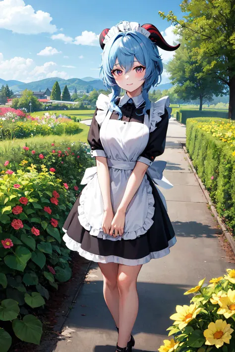 masterpiece, best quality, highres, aaganyu, long hair, low ponytail, ahoge, horns, <lora:ganyu_v1:0.7>, maid, maid headdress, black dress, apron, standing, hand between legs, garden