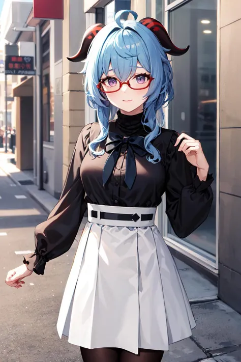 masterpiece, best quality, highres, aaganyu, long hair, low ponytail, ahoge, horns, red-framed eyewear, turtleneck, black bow, frills, black shirt, long sleeves, shirt tucked in, high-waist skirt, white skirt, pantyhose, <lora:ganyu_v1:0.7>, outdoors, standing, streeet, cowboy shot,