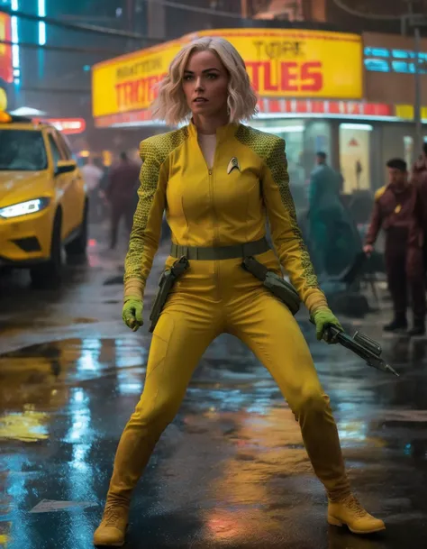 a (full height photograph:1.2) of (ohwx woman:1.3) (by Alyssa Monks:1.1), beautiful lighting, sharp focus, 8k, high res,Masterpiece, Nikon Z9, Award - winning photograph , athletic body ,As April O'Neil from Teenage Mutant Ninja Turtles, clad in her yellow jumpsuit and white boots, reporting on the Turtles' latest adventure, surrounded by the heroes in a half shell, New York City backdrop, dynamic action, vivid colors, detailed environment, nostalgic, reminiscent of the beloved 90s cartoon style. ,(in the style of Joe Gilronan:1.2) , <lora:jessbush_lora_sdxl_v1-000008:1>