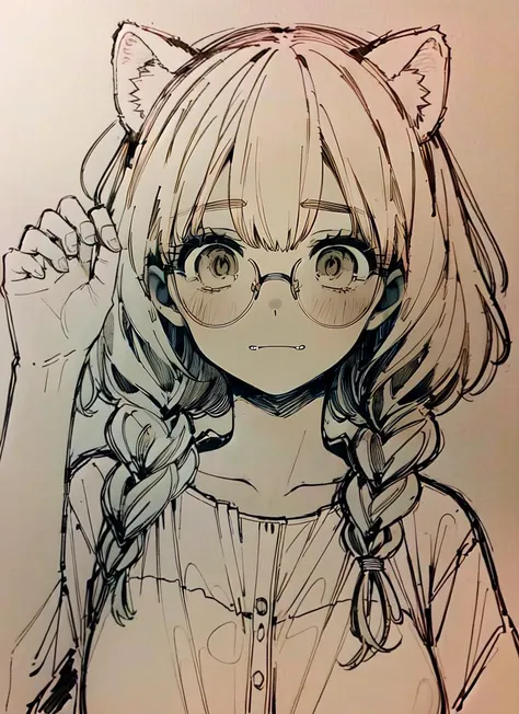 ((best quality)), ((highly detailed)), absurdres, (detailed eyes, deep eyes), (1girl), (glasses), dynamic pose, upper body, ((bridallingerie)), -(snow leopard girl, brown eyes), leopard ears, leopard tail, leopard-print fur, large fangs, (outside, at a town, afternoon), <lora:shouhui:.9>, shouhui, monochrome