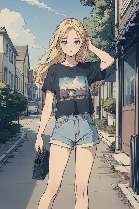 <lora:shouhui:0.7>, shouhui, 1girl, blonde long hair, t-shirt, denim shorts, (masterpiece, high quality, best quality), outdoors, cityscape, trees, flowers, clouds, sky, streets, (houses), ((flowers)),
