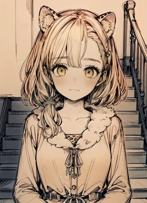 ((best quality)), ((highly detailed)), absurdres, (detailed eyes, deep eyes), <lora:more_details:.5>, (1girl), upper body, -(leopard girl, yellow eyes), leopard ears, leopard tail, leopard-print fur, large fangs, (indoors, on a stairway), <lora:shouhui:.8>, shouhui