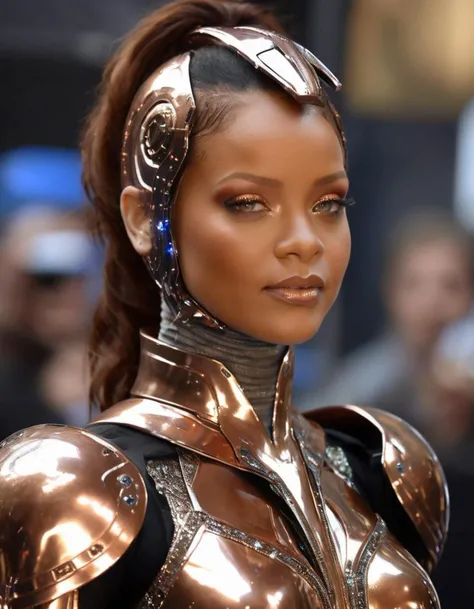 masterpiece, stunning photo of (rhwx woman) <lora:RihannaXL:1>, futuristic shiny armor with copper trim,, skindentation, spaceship window, stars, detailed eyes