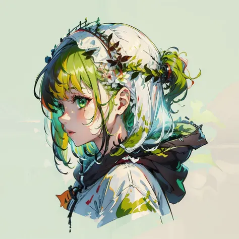 look at side,white background,a girl,green hair,<lora:nft maker v4:0.85>