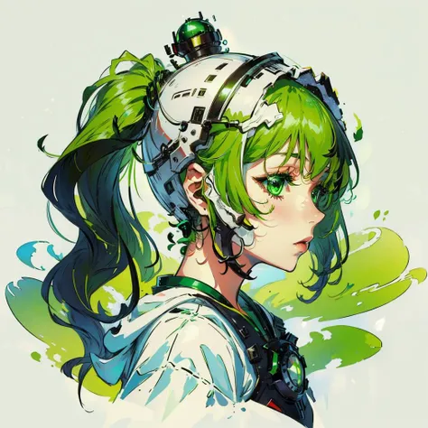 look at side,white background,a girl,green hair,<lora:nft maker v4:0.85>