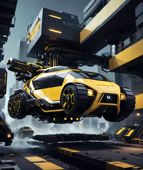 <lora:ConstructionYardAIv2:1> constructionyardai,       black & yellow, industrial, heavy duty, modular,           white and brass science fiction hovering industrial luxury car by a downtown hotel, science fiction, night time, volumetric light, dutch angle, cinematic angle