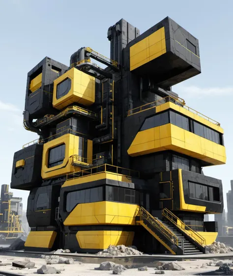 <lora:ConstructionYardAIv2:1> constructionyardai, black & yellow, industrial, heavy duty, modular, Office Buildings, Conglomerate stone, science fiction, building, architecture