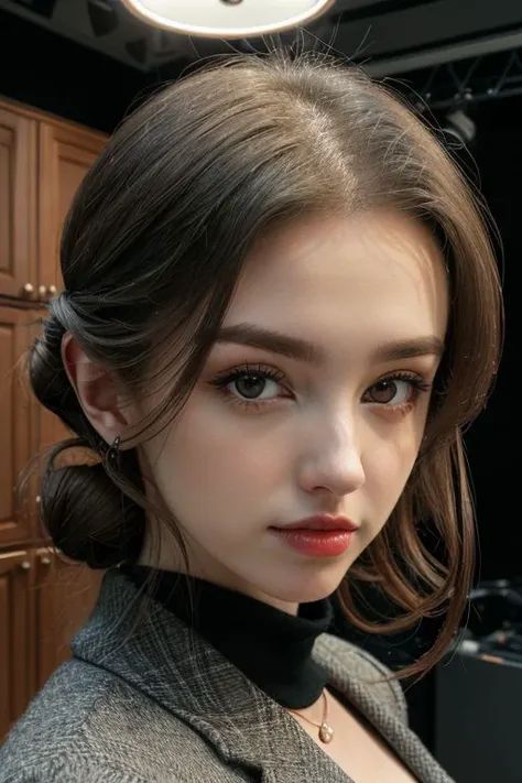 portrait of elina, suspicious , wearing tailored , with Updo , background kitchen epic (photo, studio lighting, hard light, sony a7, 50 mm, matte skin, pores, colors, hyperdetailed, hyperrealistic), <lora:elina-15:0.9>, close up