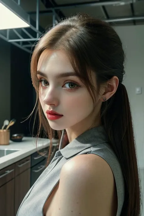 portrait of elina, suspicious , wearing tailored , with Updo , background kitchen epic (photo, studio lighting, hard light, sony a7, 50 mm, matte skin, pores, colors, hyperdetailed, hyperrealistic), <lora:elina-15:0.9>, close up