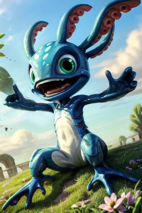 (((masterpiece, best quality))), digital art, 8k,, stunningly beautiful, highly detailed, sharp focus, BREAK fizz_lol, solo, tentacle_hair, gills, webbed feet,  BREAK wet, rain, flowers, meadow, overcast, cloudy sky, sitting,  close-up, playing with butterflies, curios, arms up, open mouth, from below <lora:FizzLora-000015:0.75>  <lora:more_details:0.5>