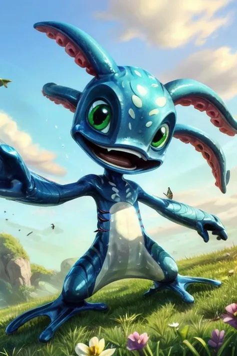 (((masterpiece, best quality))), digital art, 8k,, stunningly beautiful, highly detailed, sharp focus, BREAK fizz_lol, (amphibian:0.3), solo, tentacle_hair, gills, webbed feet, BREAK wet, rain, flowers, meadow, overcast, cloudy sky, sitting, close-up, playing with butterflies, curios, arms up, open mouth, from below <lora:FizzLora-000015:0.75> <lora:more_details:0.5>
