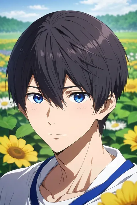 score_9, score_8_up, score_7_up, source_anime, rating_safe, intricate details, semi-realistic, looking at viewer, depth of field, 1boy, solo, male focus, <lora:haruka_nanase_pony:0.76>, haruka_nanase, black hair, blue eyes, hair between eyes, close-up, flower field, flowers, noon, hands on hips, wavy mouth, , <lora:sdxl_lightning_8step_lora:1>