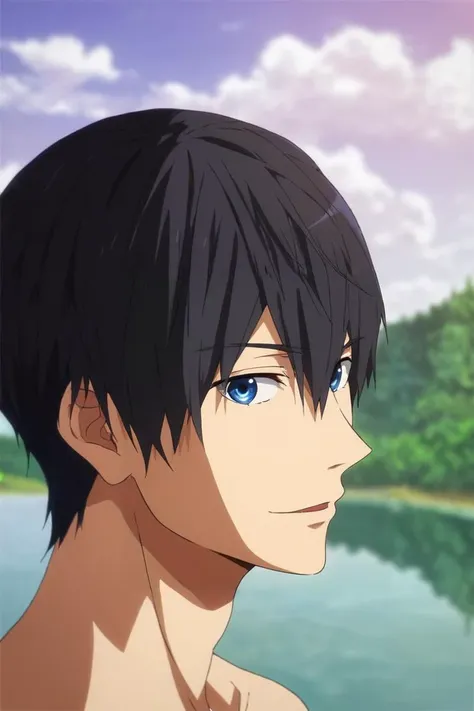 score_9, score_8_up, score_7_up, source_anime, rating_safe, , (photorealistic:0.6), looking at viewer, depth of field, 1boy, solo, male focus, <lora:haruka_nanase_pony:0.82>, haruka_nanase, black hair, blue eyes, hair between eyes, from side, lake, day, clouds, hand on hip, laughing, ,, <lora:sdxl_lightning_8step_lora:1>