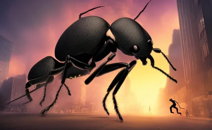 huge giant monster beetle attacking and destroying a city, macro_bug, scared people running