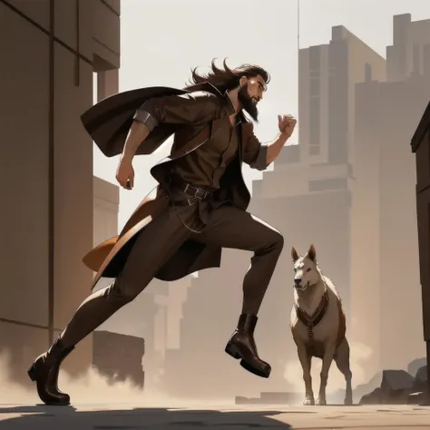 masterpiece,top quality,best quality, 8k,man,warrior, Brown cotton shirt, leather belt with iron buckle, long leather boots, cloth pants, white robe, long and neat beard,running,
