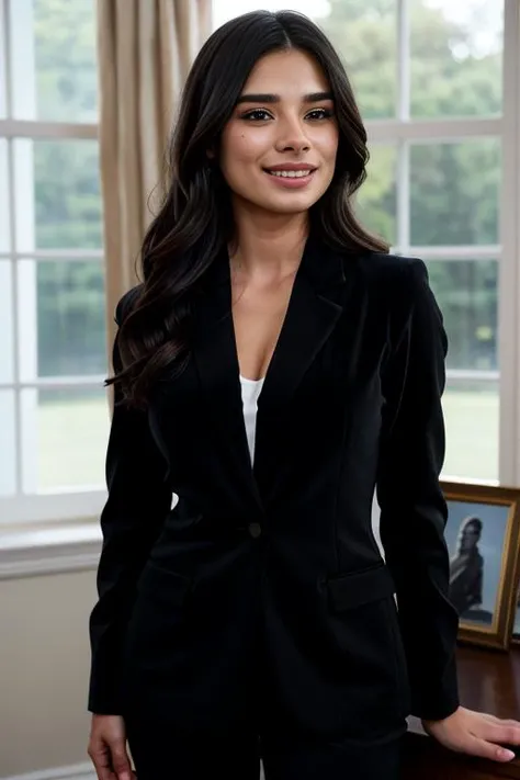 (RAW, analogue, Nikon Z 14mm ultra-wide angle lens, award-winning glamour photograph, ((best quality)), ((masterpiece)), ((realistic)), skin pores, subsurface scattering, radiant light rays, high-res, detailed facial features, high detail, sharp focus, smooth, aesthetic, extremely detailed, (extremely detailed eyes, extremely detailed iris), extremely detailed hair, extremely detailed skin, extremely detailed clothes, octane render, photorealistic, realistic, post-processing, max detail, realistic shadows, roughness, natural skin texture, real life, ultra-realistic, photorealism, photography, 8k UHD, photography, hdr, intricate, elegant, highly detailed, sharp focus, stunning, beautiful, gorgeous), (photorealistic), (realistic), dian36ur3rr3r0 in a suit, (black blazer1.2), standing in front of a desk, smile, open mouth, lips, teeth, grin, full body, dark hair, brown eyes, indoors, oval office, white house, windows, upper body, <lora:Diane_Guerrero_PMv1a_Lora:1.3>,