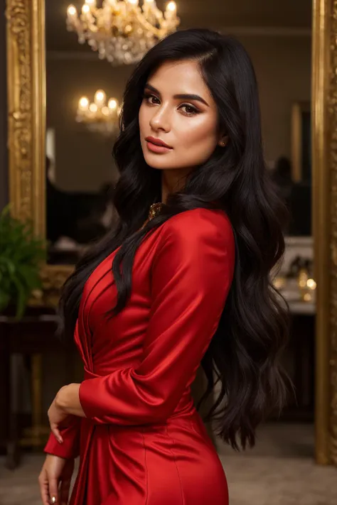 <lora:Diane_Guerrero_PMv1a_Lora:0.8> dian36ur3rr3r0, woman, long black hair, ultra-detailed, ultra-realistic, mirror background, golden, elegant, formal dress, long dress, jacket,