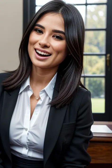 (RAW, analogue, Nikon Z 14mm ultra-wide angle lens, award-winning glamour photograph, ((best quality)), ((masterpiece)), ((realistic)), skin pores, subsurface scattering, radiant light rays, high-res, detailed facial features, high detail, sharp focus, smooth, aesthetic, extremely detailed, (extremely detailed eyes, extremely detailed iris), extremely detailed hair, extremely detailed skin, extremely detailed clothes, octane render, photorealistic, realistic, post-processing, max detail, realistic shadows, roughness, natural skin texture, real life, ultra-realistic, photorealism, photography, 8k UHD, photography, hdr, intricate, elegant, highly detailed, sharp focus, stunning, beautiful, gorgeous), (photorealistic), (realistic), dian36ur3rr3r0 in a suit, (black blazer1.2), standing in front of a desk, smile, open mouth, lips, teeth, grin, full body, dark hair, brown eyes, indoors, oval office, white house, windows, upper body, <lora:Diane_Guerrero_PMv1a_Lora:1.3>,