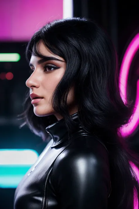 <lora:Diane_Guerrero_PMv1a_Lora:0.8> dian36ur3rr3r0, woman, long black hair, ultra-detailed, ultra-realistic, cyberpunk theme, open helmet, neon background, futuristic uniform,