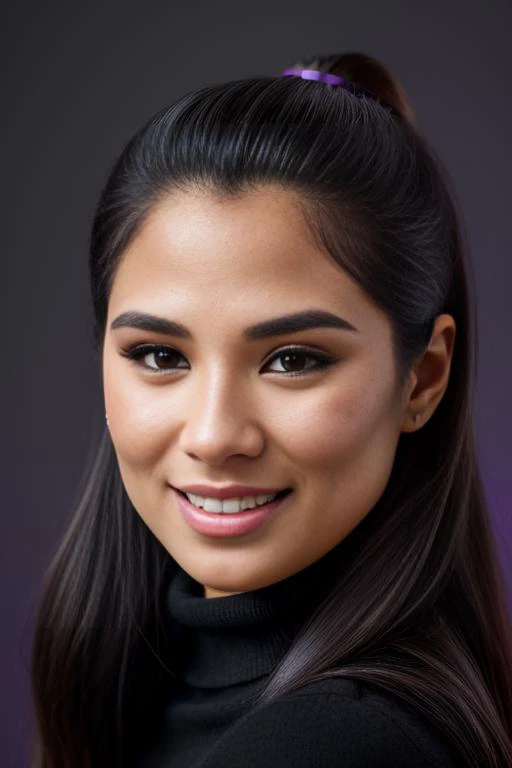 dian36ur3rr3r0 ,long hair, looking at viewer, smile, long sleeves,sweater, black shirt, turtleneck, purple background, hands on hips, black sweater, <lora:Diane_Guerrero_PMv1a_Lora:1>,, detailed skin texture, (blush:0.5), (goosebumps:0.5), subsurface scattering, ((Glamour Shot)), high quality photography, 3 point lighting, flash with softbox, 4k, Canon EOS R3, hdr, smooth, sharp focus, high resolution, award winning photo, 80mm, f2.8, bokeh