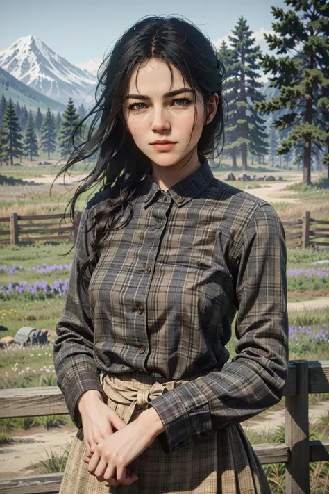 AbigailRDR, 1girl, solo, realistic, black hair, outdoors, looking at viewer, shirt, plaid, upper body, closed mouth, long sleeves, buttons, day, blurry, fence
<lora:epi_noiseoffset2:1>, <lora:AbigailRDR:0.7>