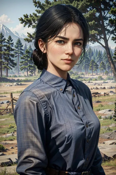 AbigailRDR, shirt, black hair, 1girl, realistic, looking at viewer, outdoors, solo, blue shirt, upper body, long sleeves, closed mouth, plaid, day, buttons, tree, blurry
<lora:epi_noiseoffset2:1>, <lora:AbigailRDR:0.7>