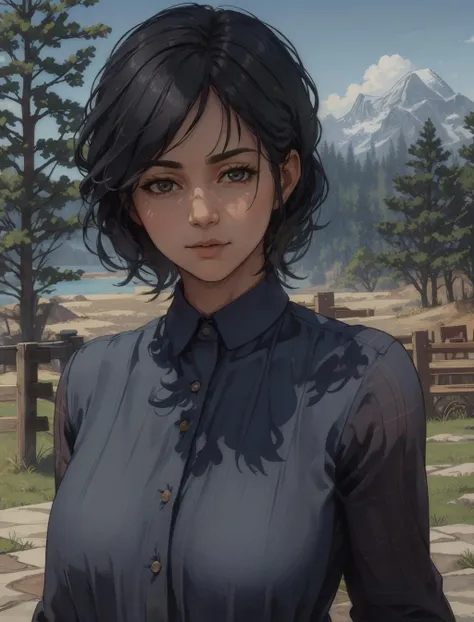 AbigailRDR, shirt, black hair, 1girl, realistic, looking at viewer, outdoors, solo, blue shirt, upper body, long sleeves, closed mouth, plaid, day, buttons, tree, blurry <lora:epi_noiseoffset2:1>, <lora:AbigailRDR:0.7>