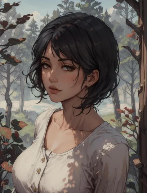 AbigailRDR, 1girl, solo, tree, looking at viewer, realistic, parted lips, outdoors, nature, black hair, short hair, upper body, forest, brown hair, shirt, lips, buttons <lora:epi_noiseoffset2:1>, <lora:AbigailRDR:0.7>