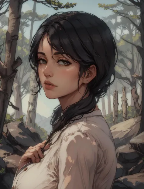 AbigailRDR, 1girl, solo, tree, looking at viewer, realistic, parted lips, outdoors, nature, black hair, short hair, upper body, forest, brown hair, shirt, lips, buttons <lora:epi_noiseoffset2:1>, <lora:AbigailRDR:0.7>